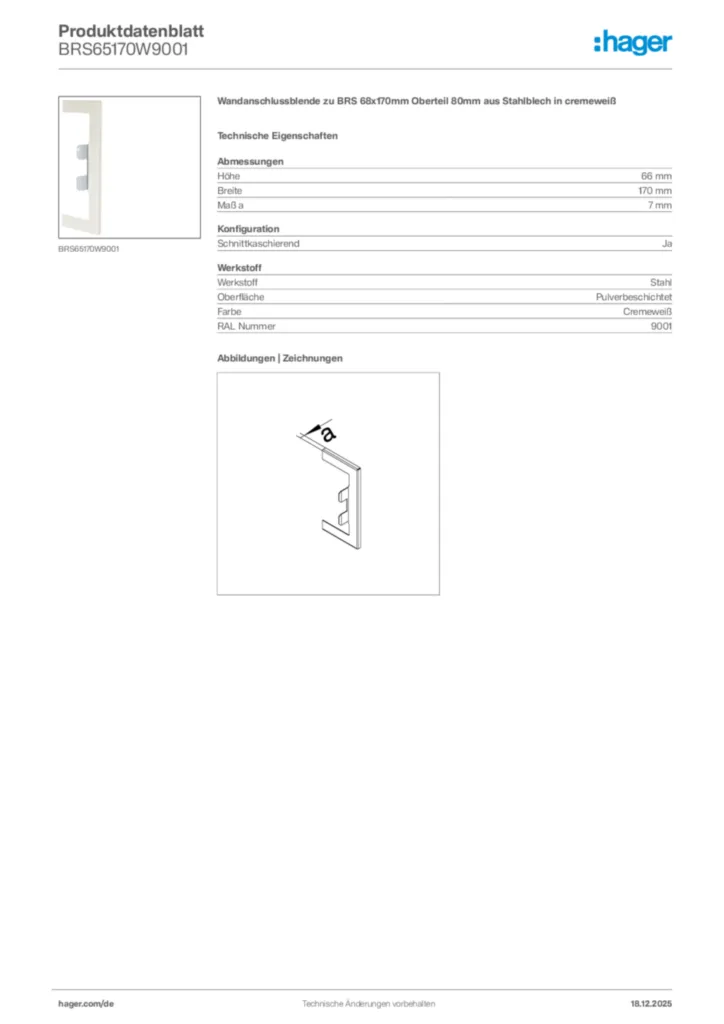 Bild Hager Produktdatenblatt BRS65170W9001 | Hager Deutschland