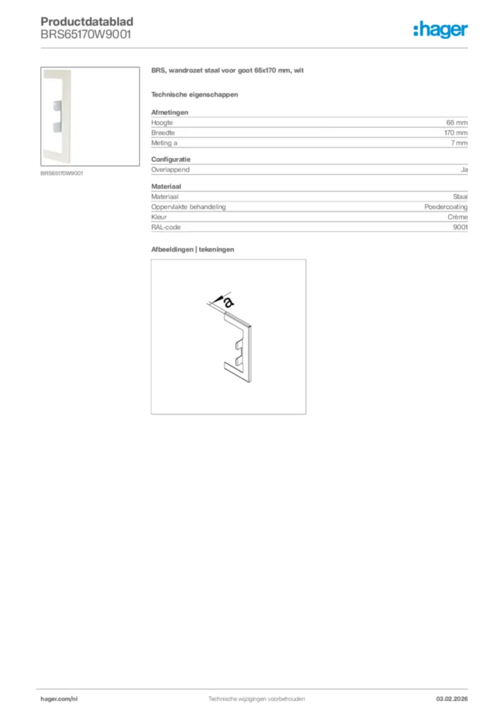 Afbeelding Hager Productdatablad BRS65170W9001 | Hager Nederland