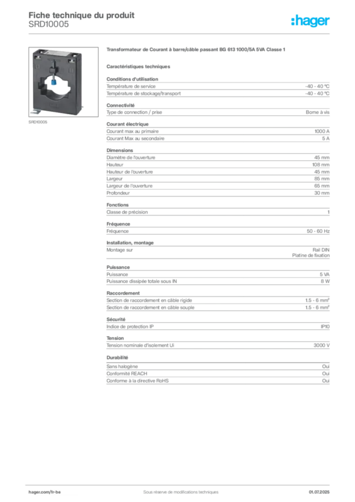 Image Hager Fiche technique du produit SRD10005 | Hager Belgique