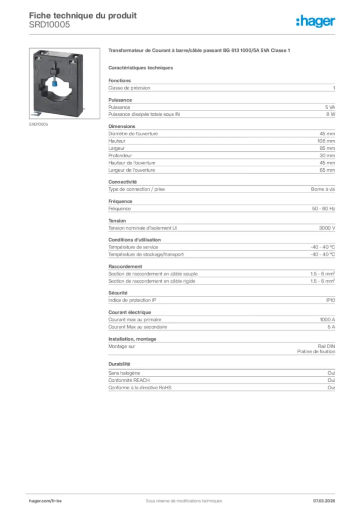 Image Hager Fiche technique du produit SRD10005 | Hager Belgique