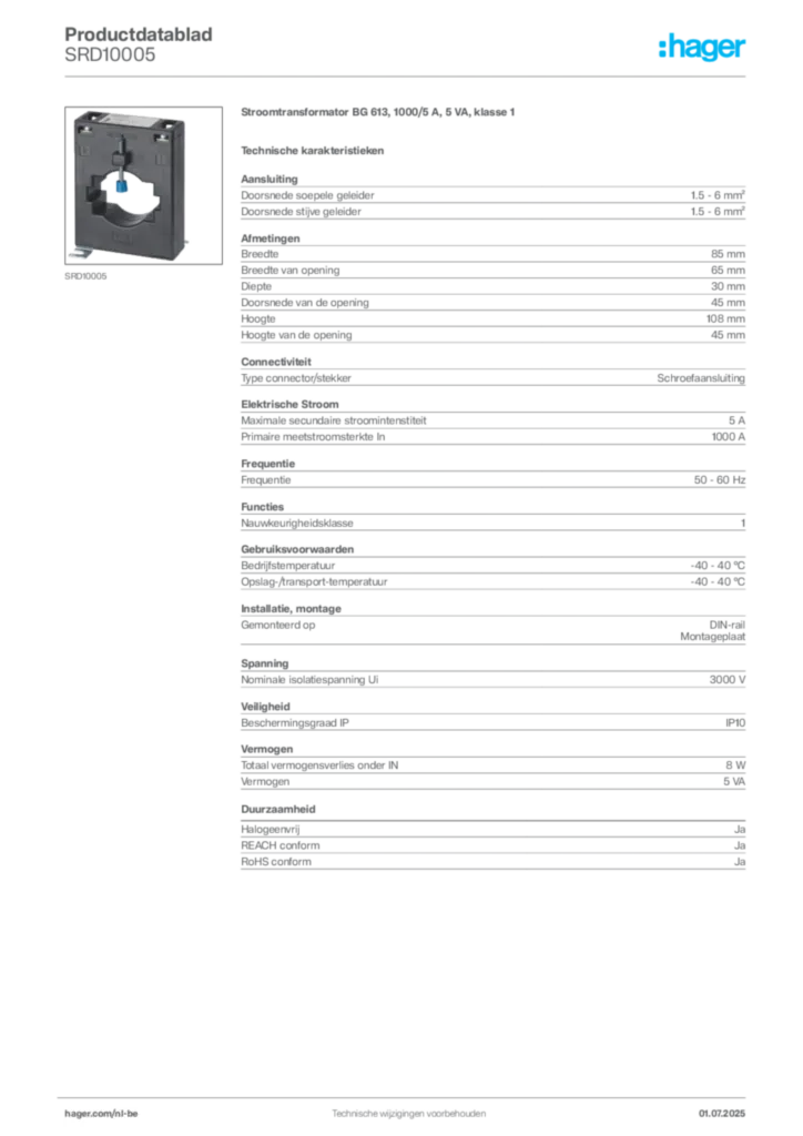 Afbeelding Hager Productdatablad SRD10005 | Hager Belgium