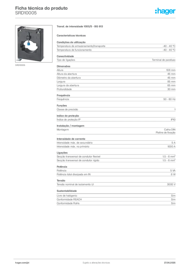 Imagem Hager Ficha técnica do produto SRD10005 | Hager Portugal
