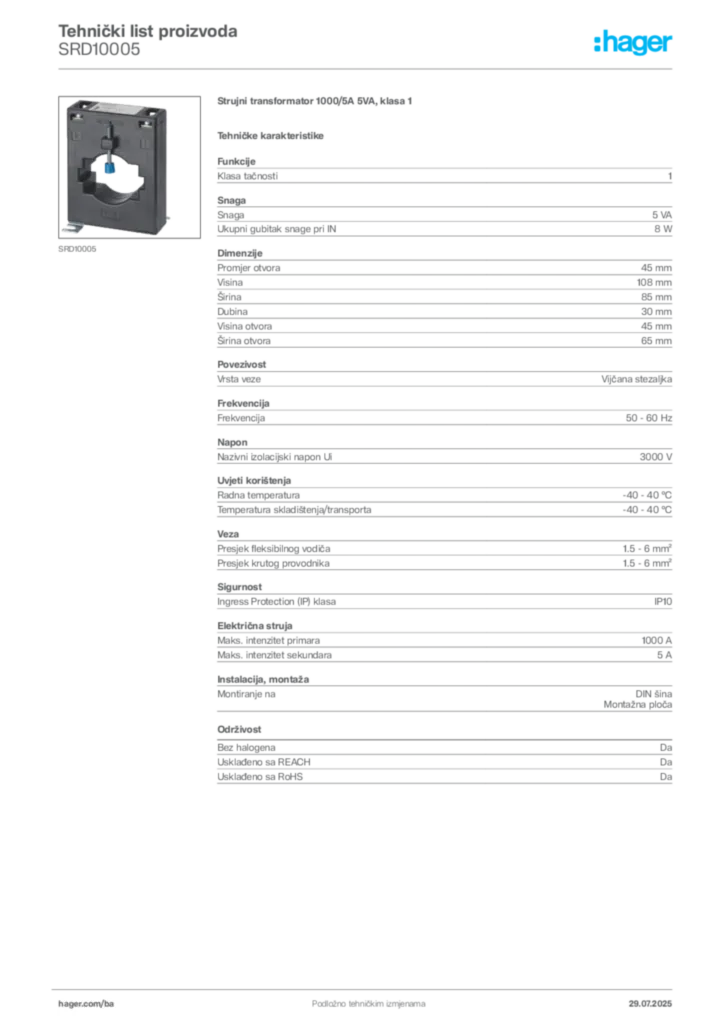 Slika Hager Product data sheet SRD10005  | Hager