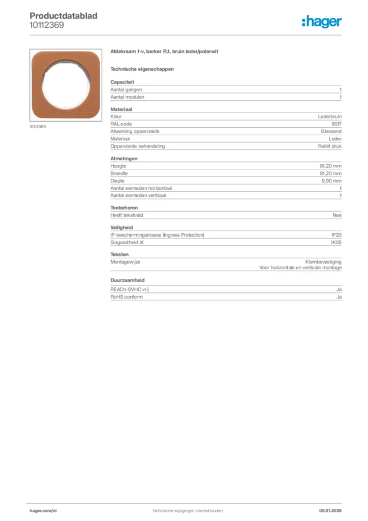 Afbeelding Hager Productdatablad 10112369 | Hager Nederland