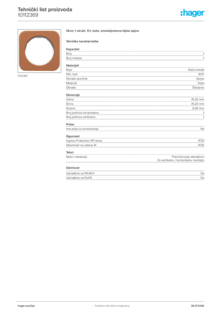 Slika Hager Product data sheet 10112369  | Hager