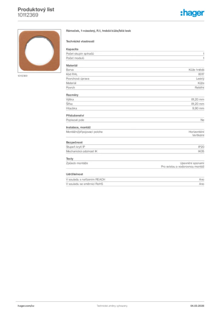 Obrázek Hager Product data sheet 10112369 | Hager