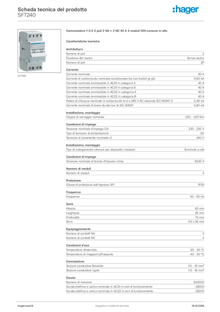Immagine Hager Scheda tecnica del prodotto SFT240 | Hager Italia