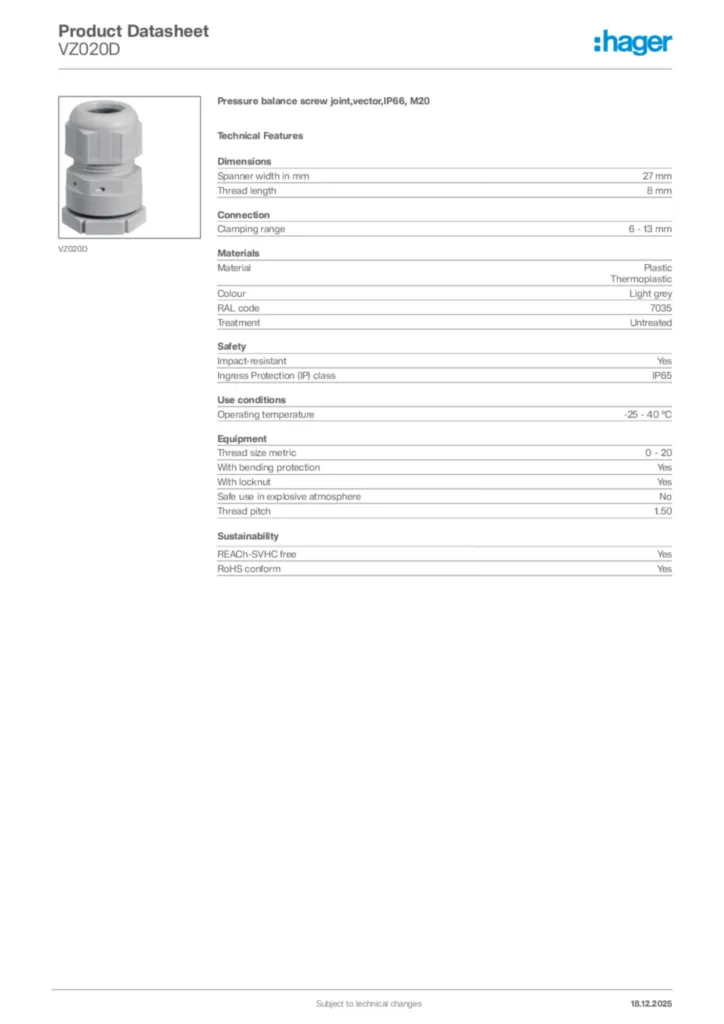 Image Hager Product data sheet VZ020D  | Hager Africa
