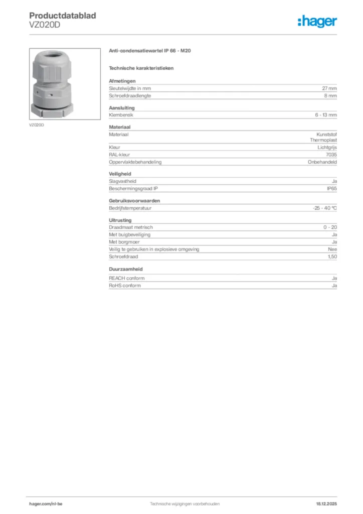 Afbeelding Hager Productdatablad VZ020D | Hager Belgium