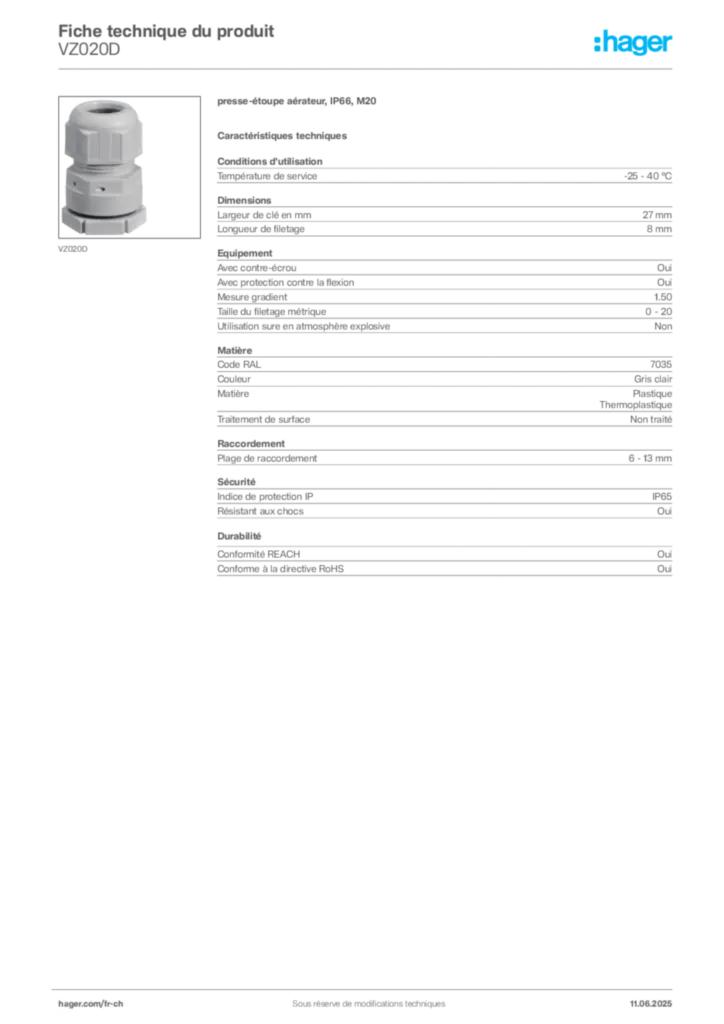 Image Hager Fiche technique du produit VZ020D | Hager Suisse
