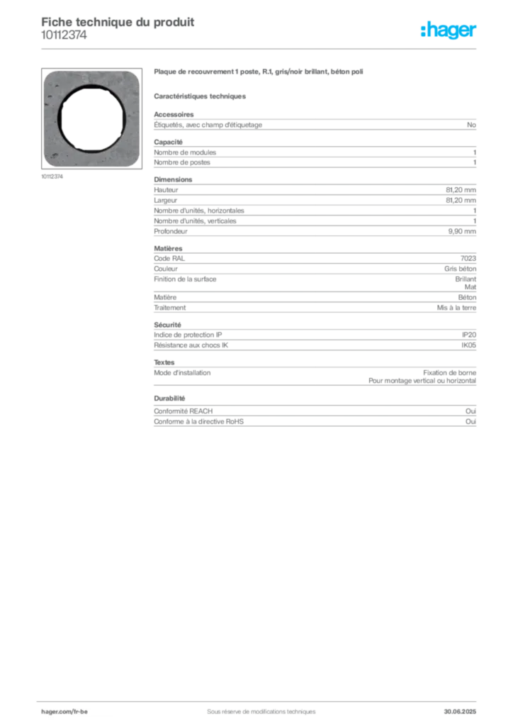 Image Hager Fiche technique du produit 10112374 | Hager Belgique