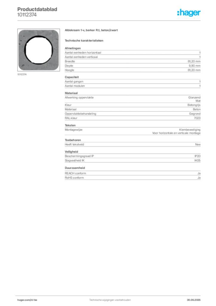 Afbeelding Hager Productdatablad 10112374 | Hager Belgium