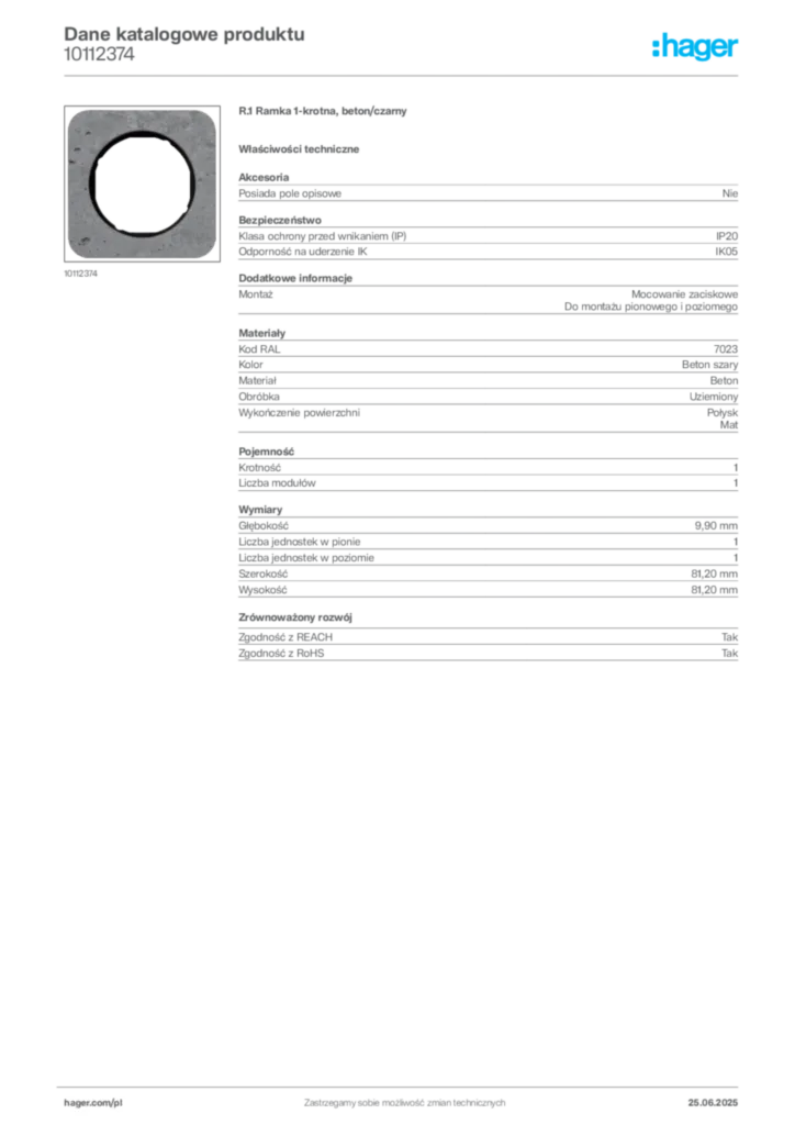 Zdjęcie Hager Karta katalogowa 10112374 | Hager Polska