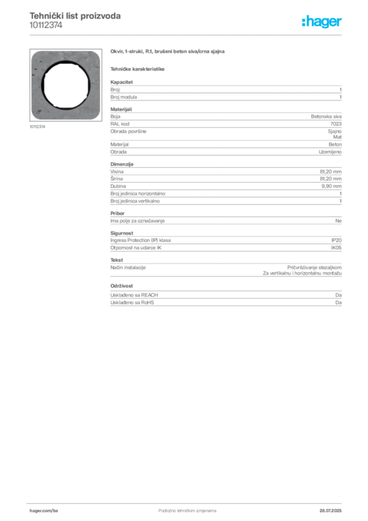 Slika Hager Product data sheet 10112374  | Hager