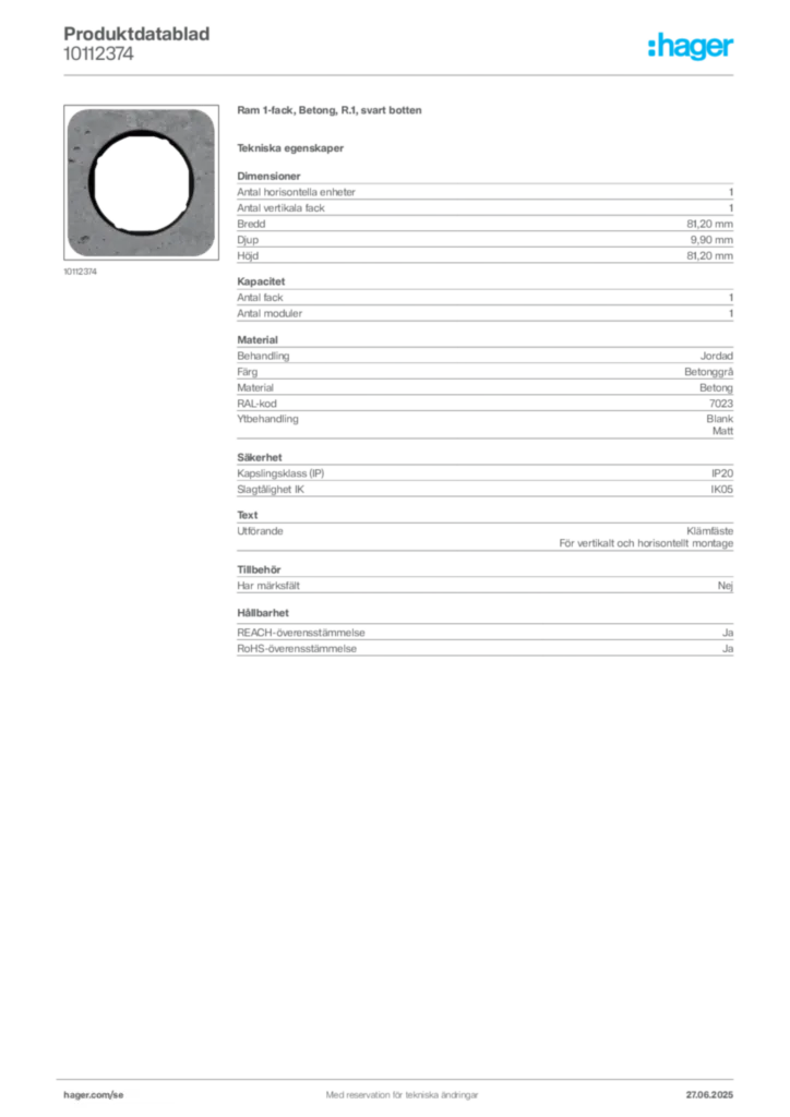 Bild Hager Produktdatablad 10112374 | Hager Sverige