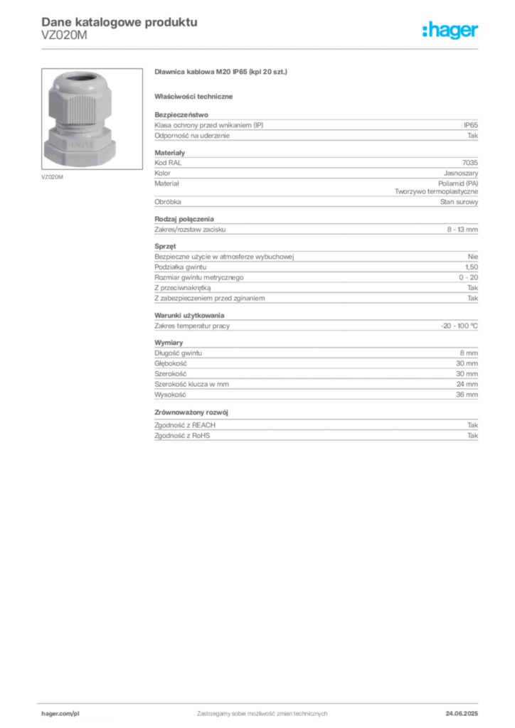 Zdjęcie Hager Karta katalogowa VZ020M | Hager Polska