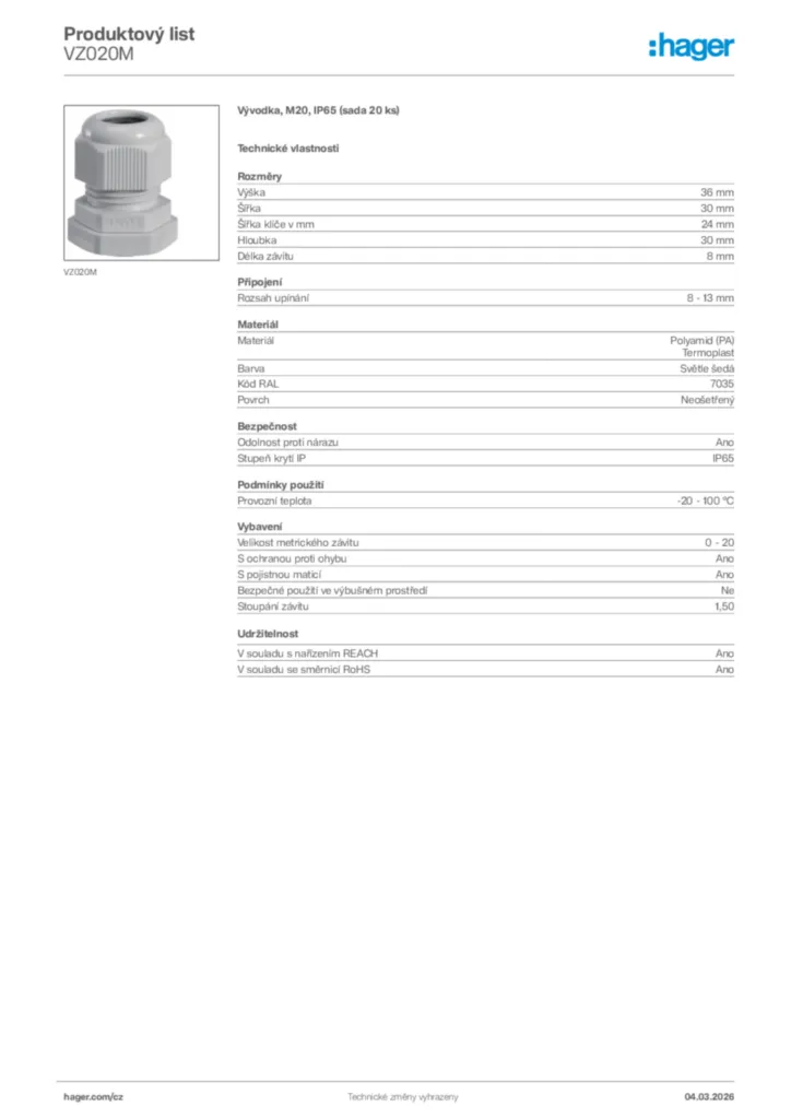 Obrázek Hager Product data sheet VZ020M | Hager