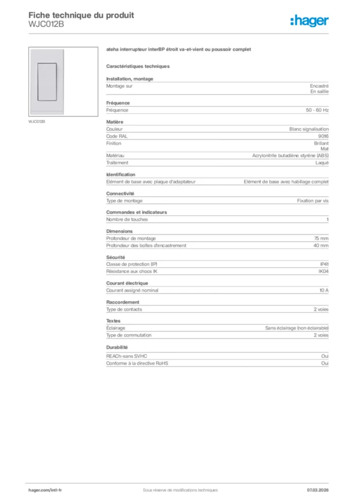 Image Hager Fiche technique du produit WJC012B | Hager Afrique