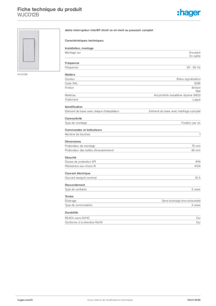 Image Hager Fiche technique du produit WJC012B | Hager France