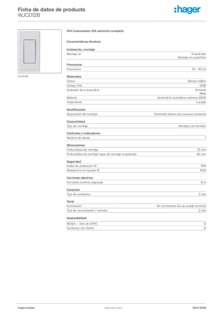 Imagen Hager Ficha de datos de producto WJC012B | Hager España
