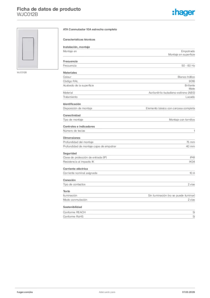 Imagen Hager Ficha de datos de producto WJC012B | Hager España