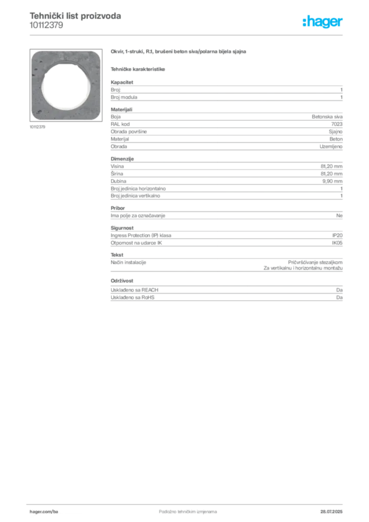 Slika Hager Product data sheet 10112379  | Hager
