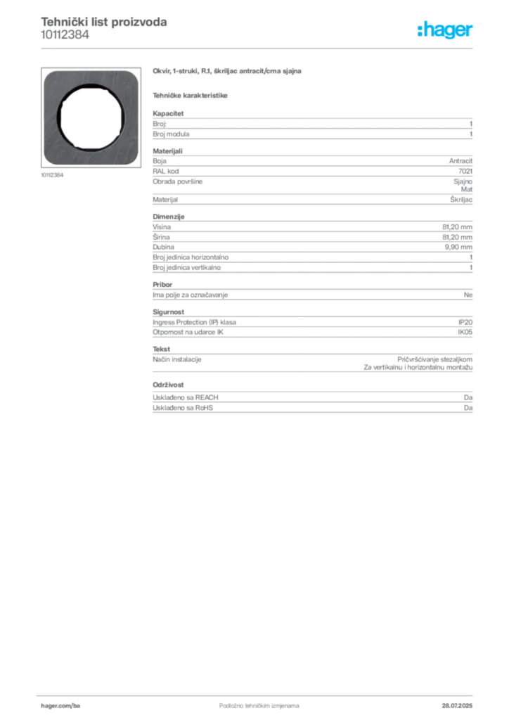Slika Hager Product data sheet 10112384  | Hager