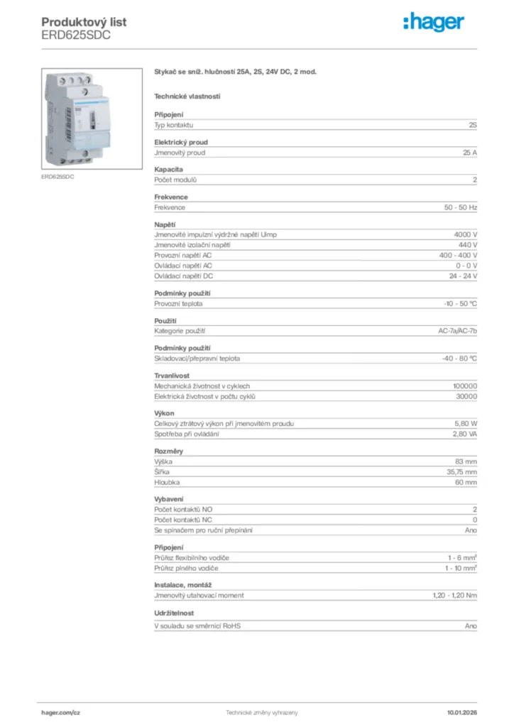 Obrázek Hager Product data sheet ERD625SDC | Hager