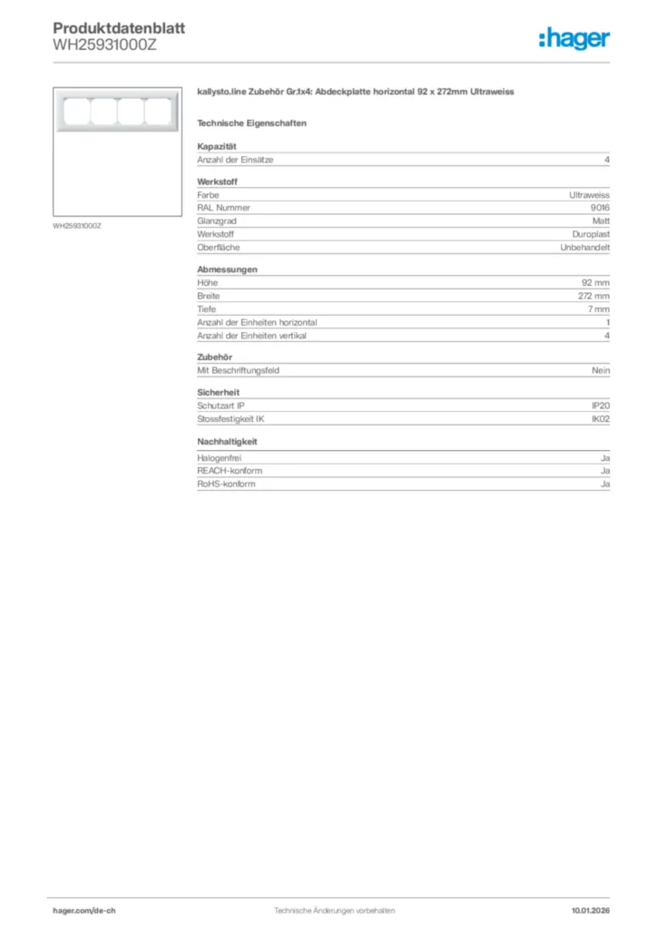 Bild Hager Produktdatenblatt WH25931000Z | Hager Schweiz