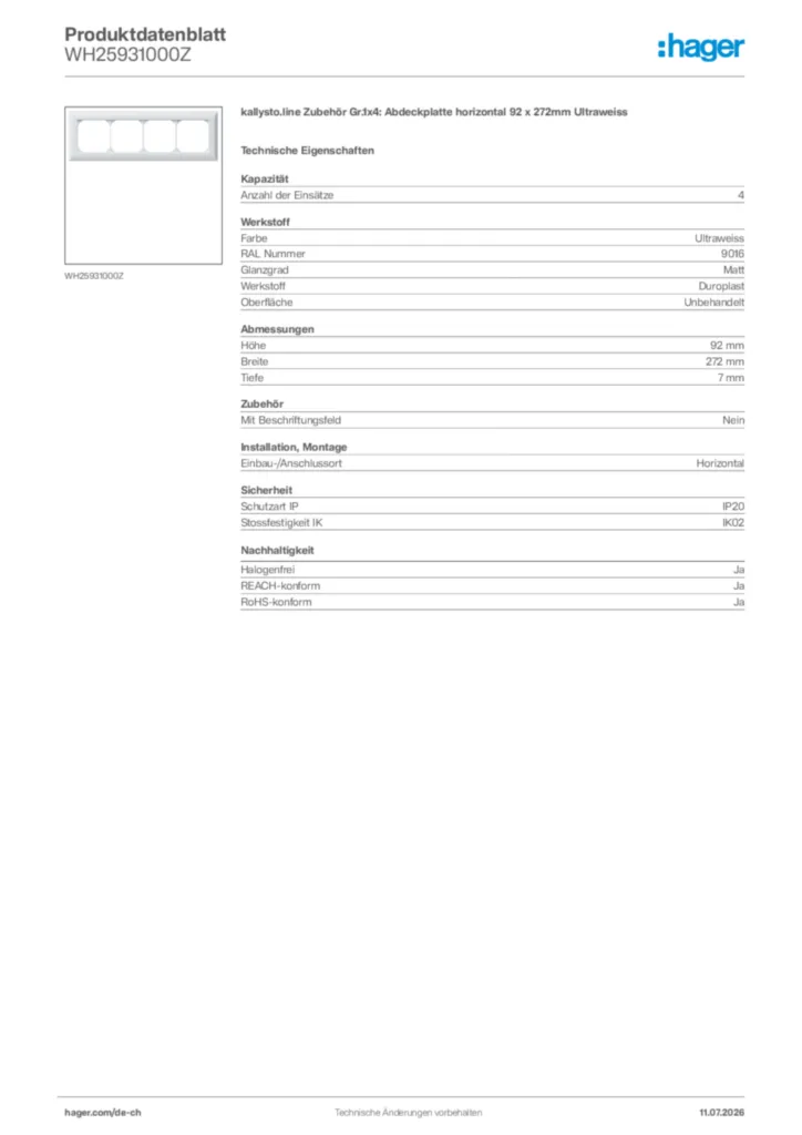 Bild Hager Produktdatenblatt WH25931000Z | Hager Schweiz
