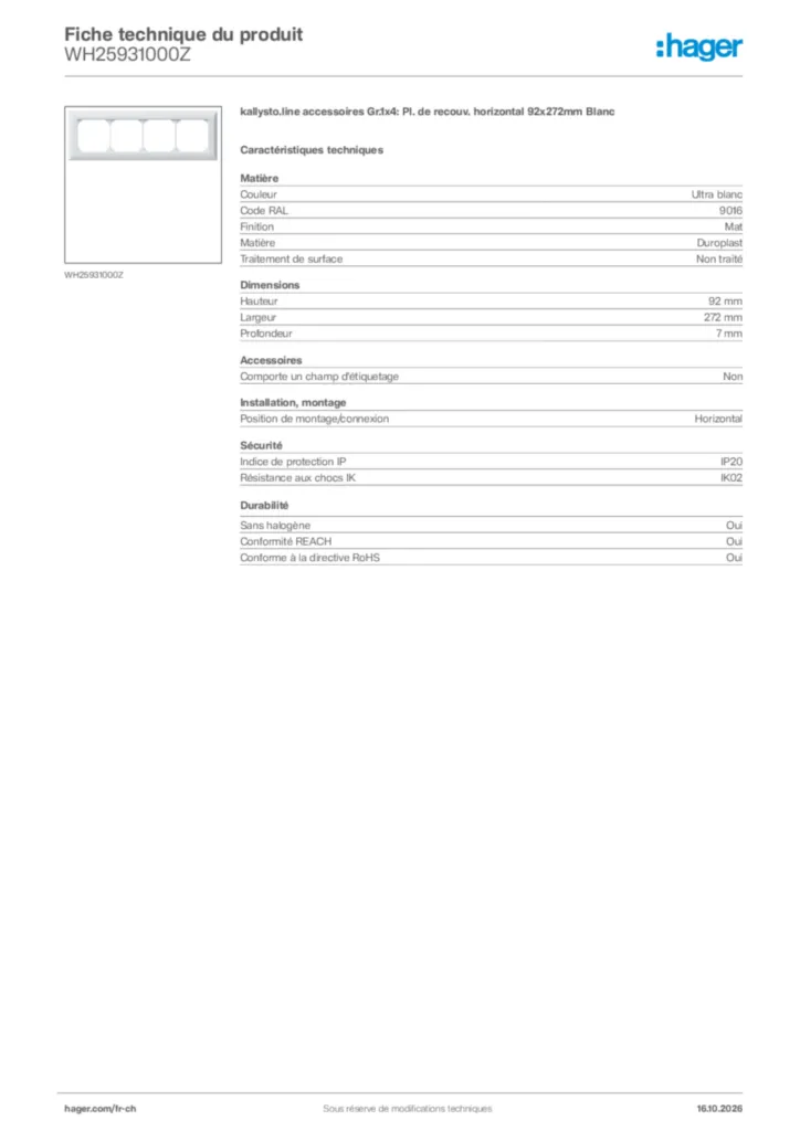 Image Hager Fiche technique du produit WH25931000Z | Hager Suisse