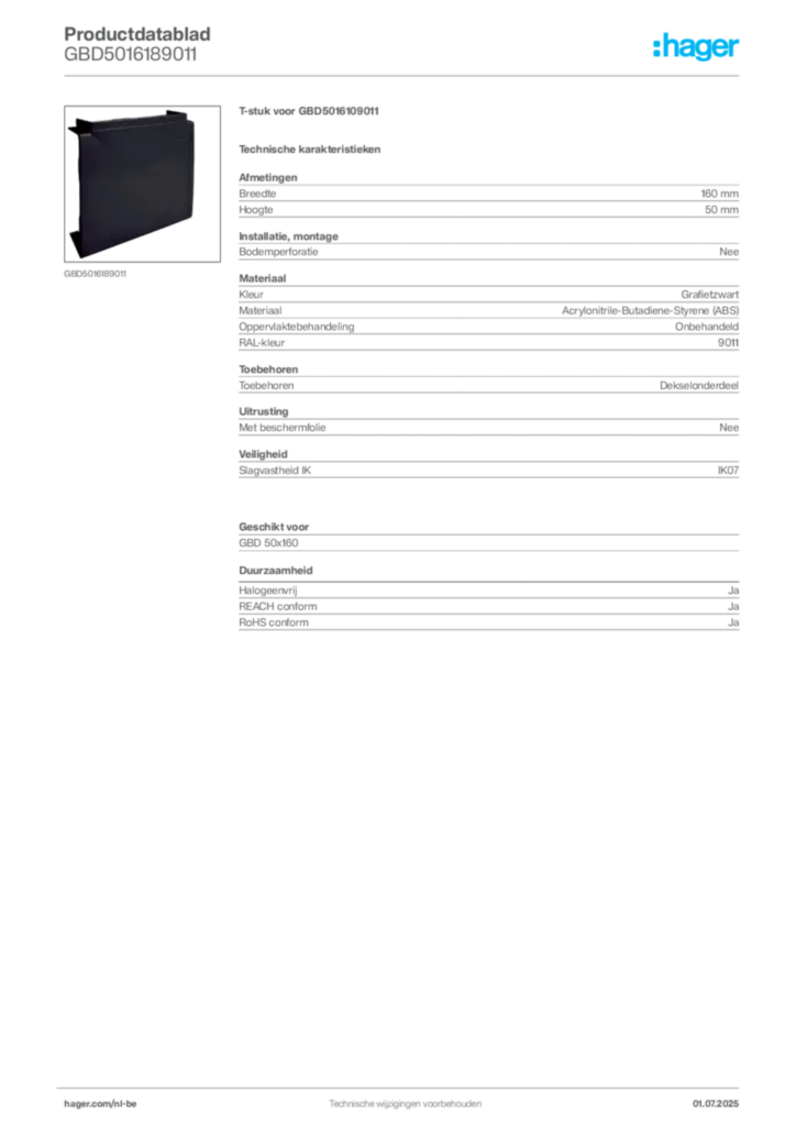 Afbeelding Hager Productdatablad GBD5016189011 | Hager Belgium
