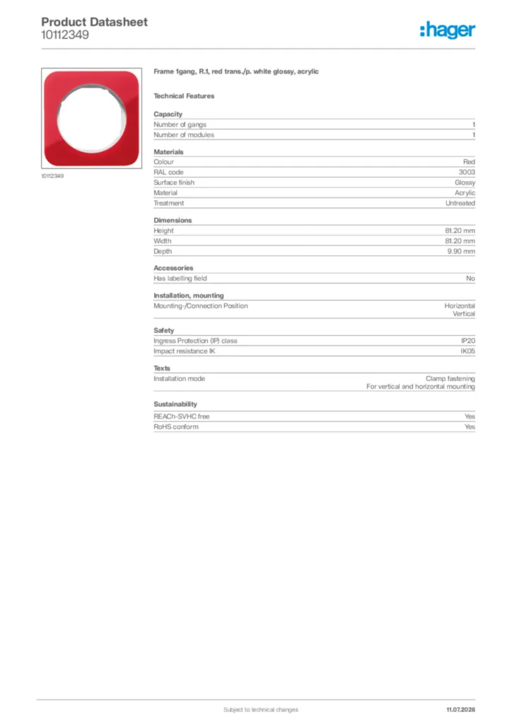 Image Hager Product data sheet 10112349  | Hager Africa