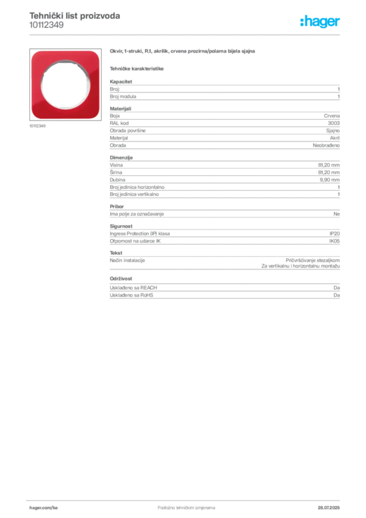 Slika Hager Product data sheet 10112349  | Hager