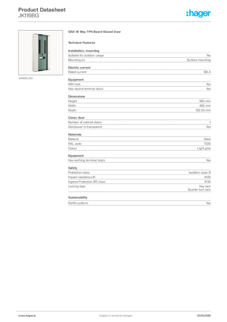 Image Hager Product data sheet JK116BG  | Hager