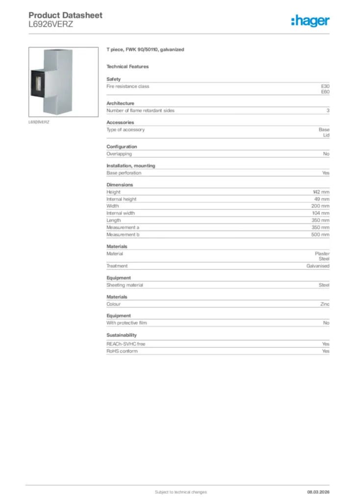 Image Hager Product data sheet L6926VERZ  | Hager Africa