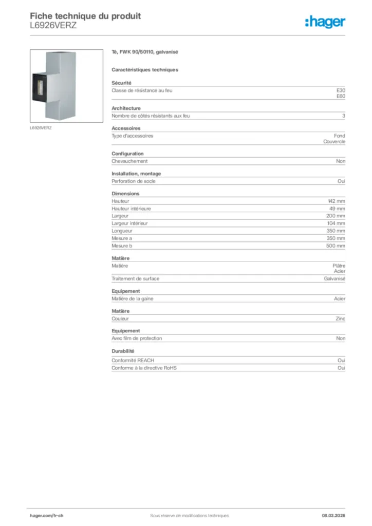 Image Hager Fiche technique du produit L6926VERZ | Hager Suisse