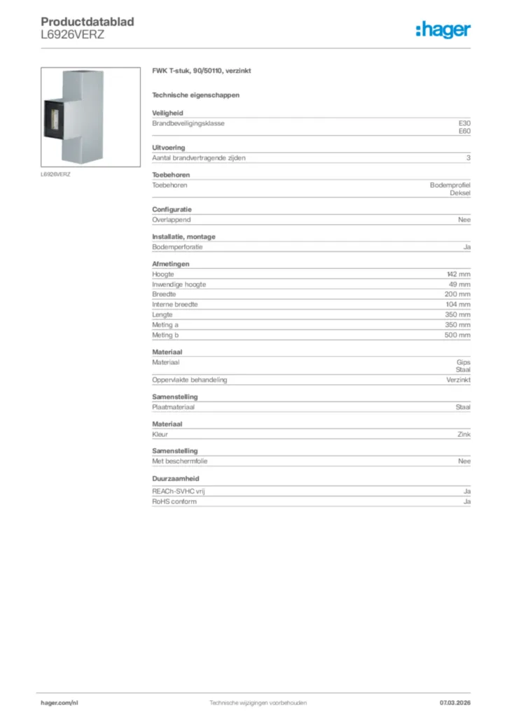 Afbeelding Hager Productdatablad L6926VERZ | Hager Nederland