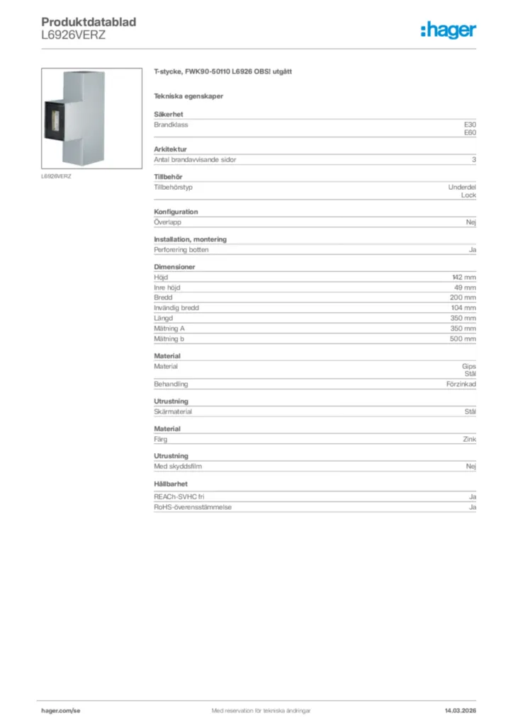 Bild Hager Produktdatablad L6926VERZ | Hager Sverige