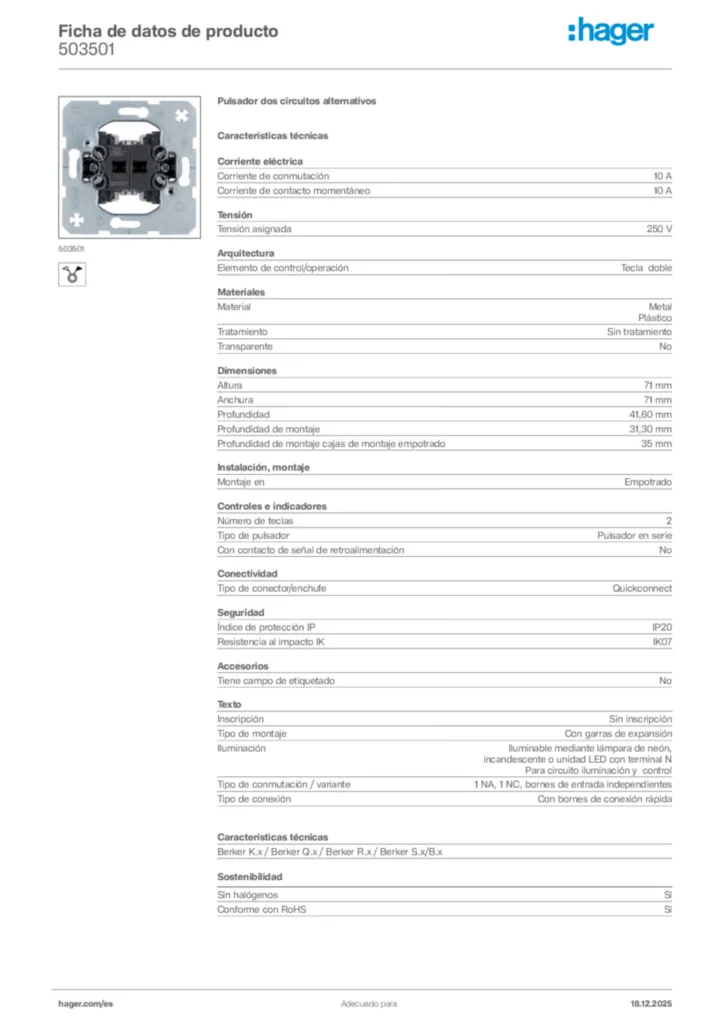 Imagen Hager Ficha de datos de producto 503501 | Hager España