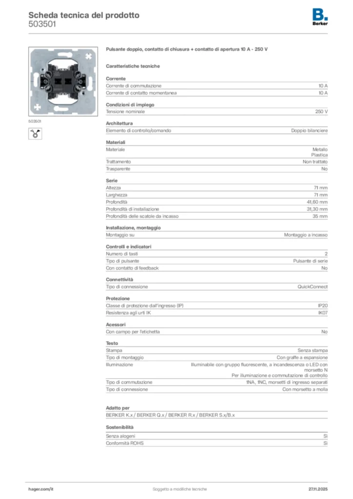 Immagine Berker Scheda tecnica del prodotto 503501 | Hager Italia