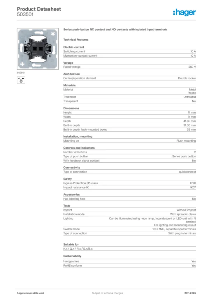 Image Hager Product data sheet 503501  | Hager