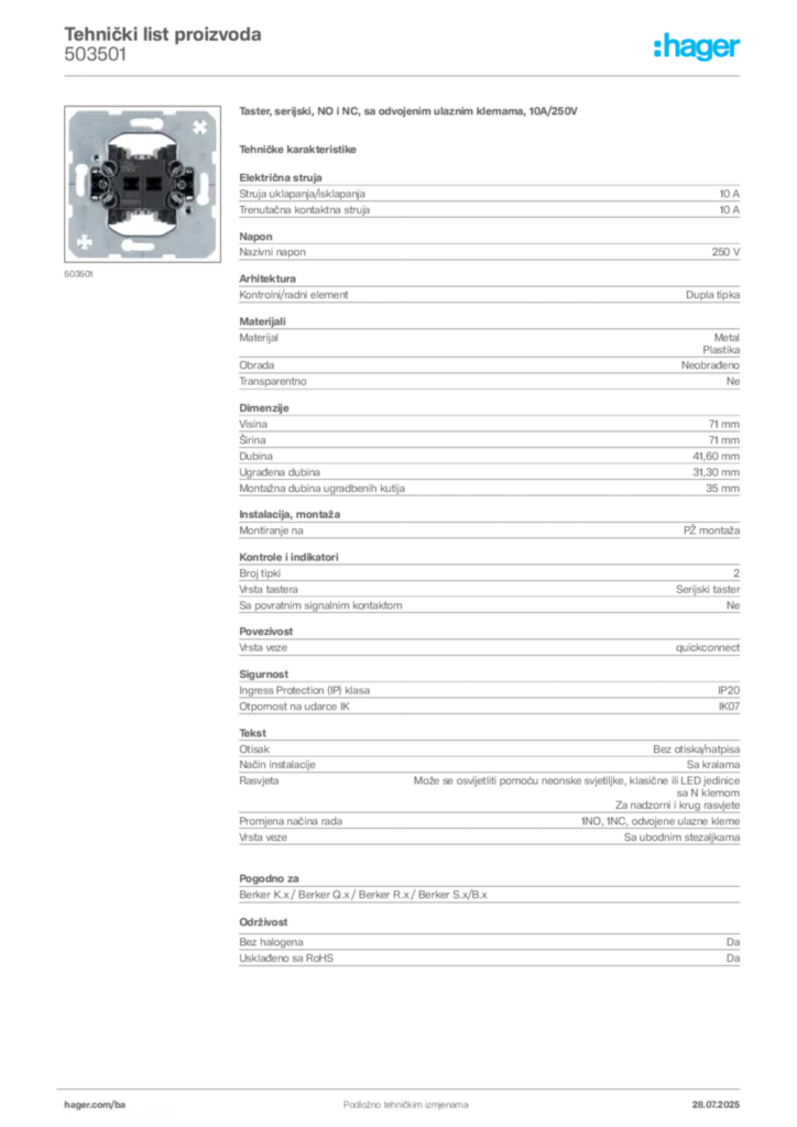Slika Hager Product data sheet 503501  | Hager