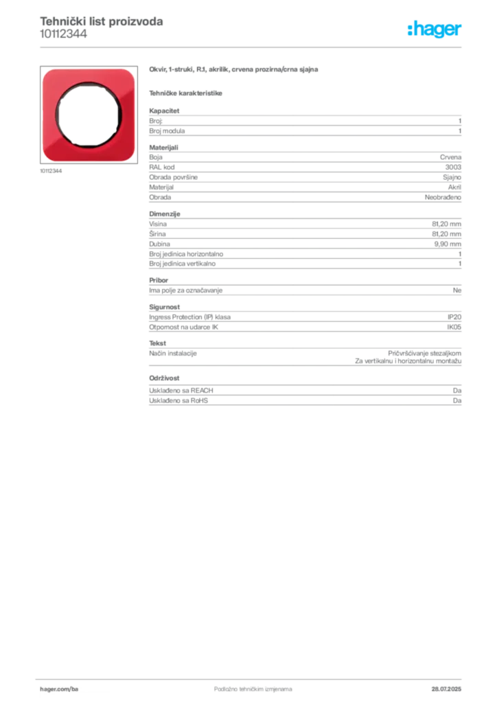 Slika Hager Product data sheet 10112344  | Hager