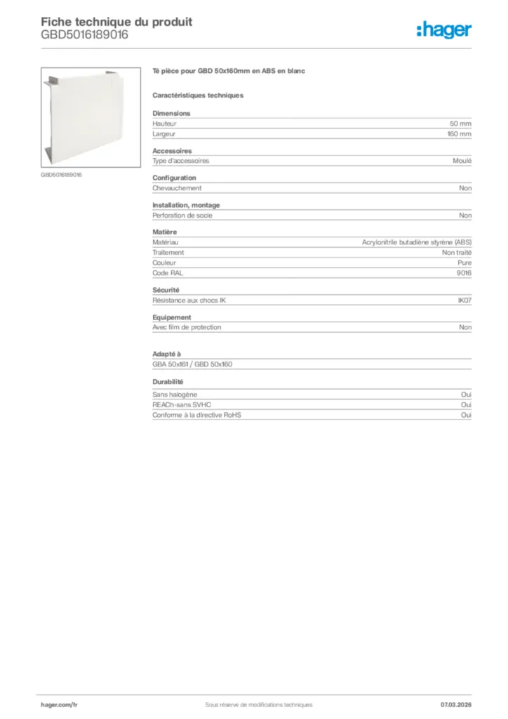 Image Hager Fiche technique du produit GBD5016189016 | Hager France