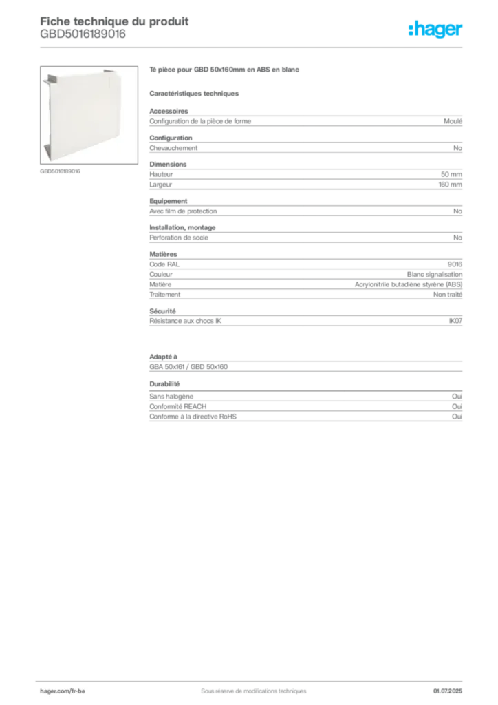 Image Hager Fiche technique du produit GBD5016189016 | Hager Belgique