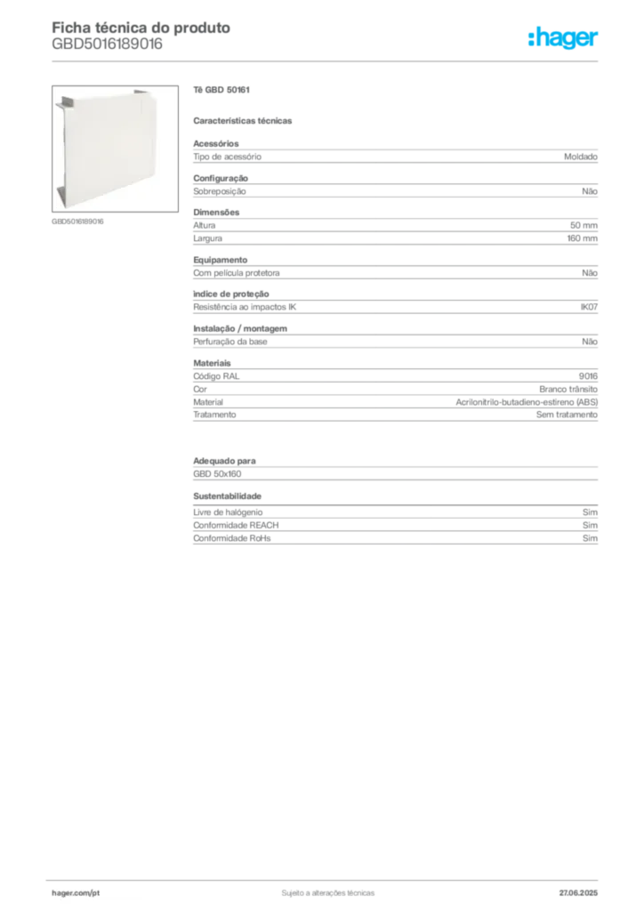 Imagem Hager Ficha técnica do produto GBD5016189016 | Hager Portugal