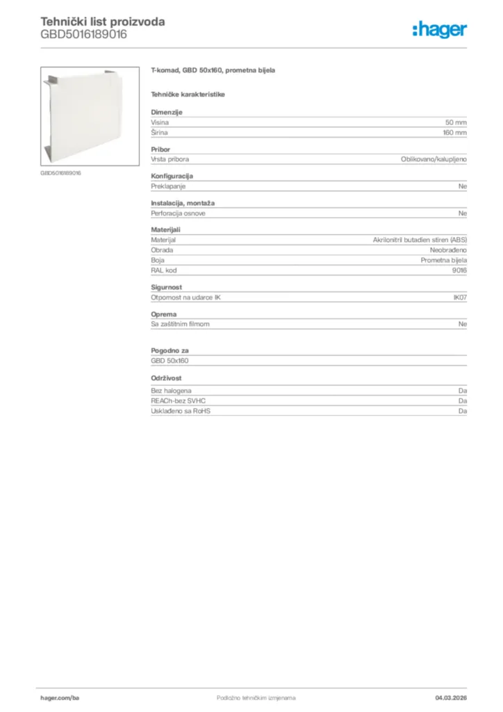 Slika Hager Tehnički list proizvoda GBD5016189016  | Hager