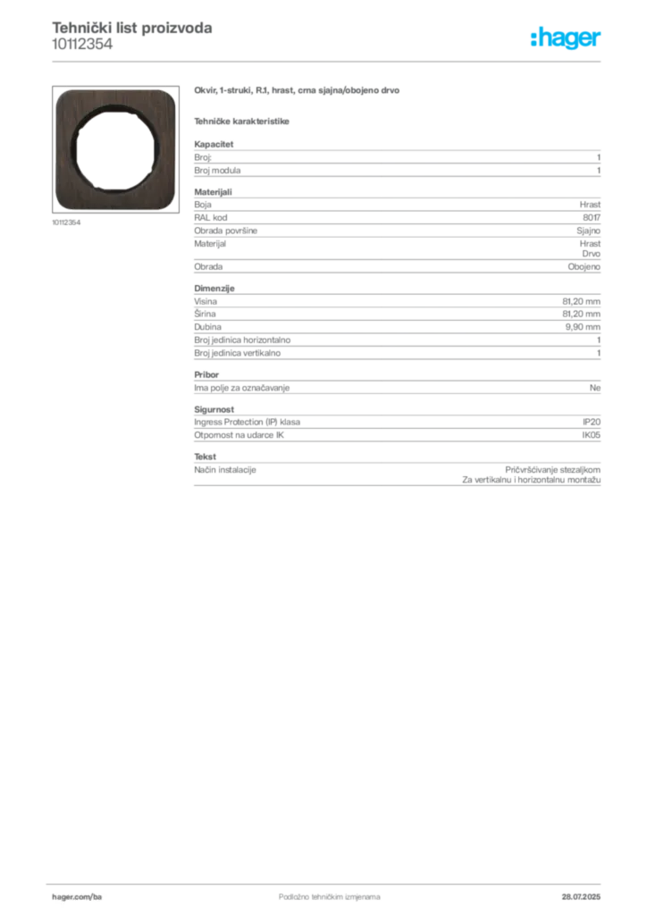 Slika Hager Product data sheet 10112354  | Hager