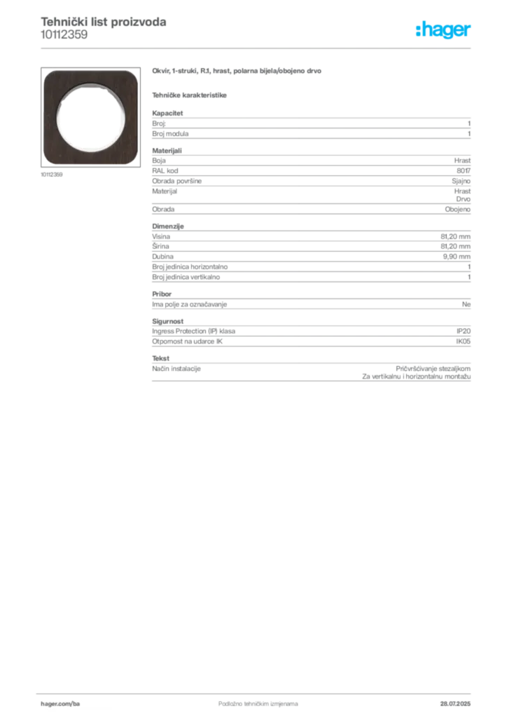 Slika Hager Product data sheet 10112359  | Hager